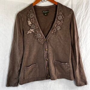 Eddie Bauer Cardigan Sweatshirt Embroidered Flowers Medium Tall Brown Cotton Top